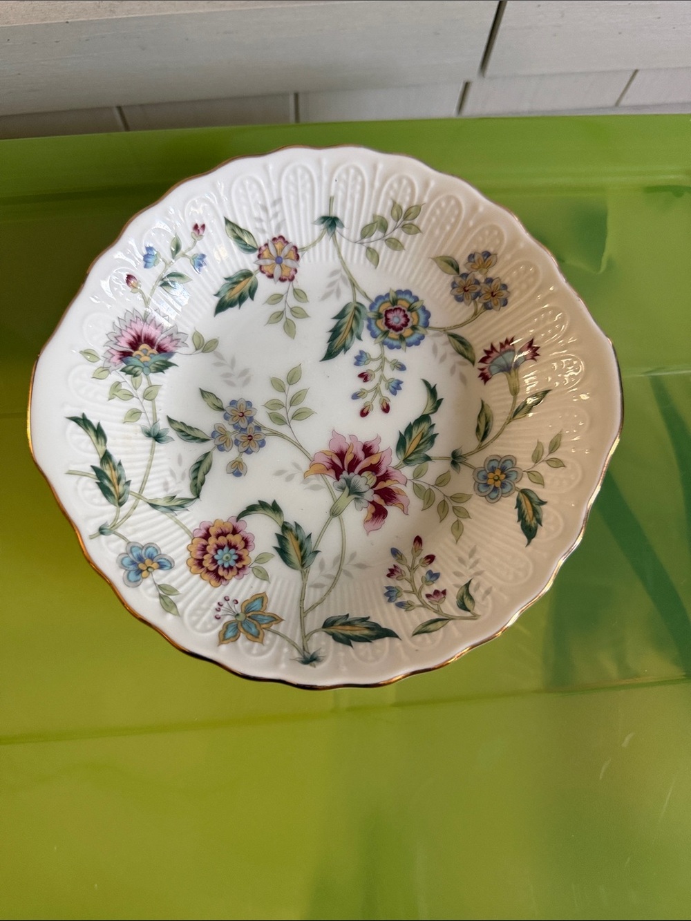 Floral Scalloped Porcelain Serving Bowl in White and Multicolor